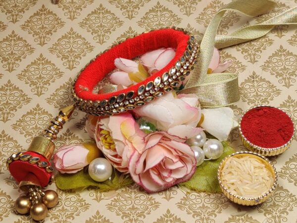 Red Kundan Lumba Rakhi for Bhabhi